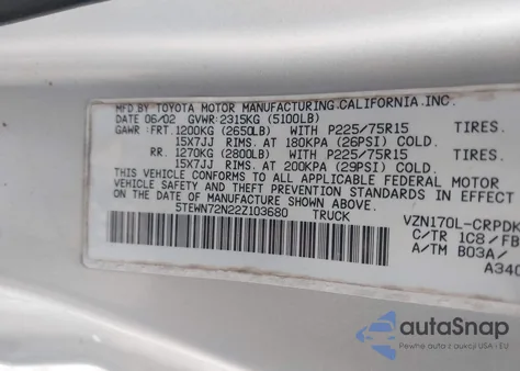 2002 Toyota Tacoma Base V6 from USA, damaged, VIN 5TEWN72N22Z103680